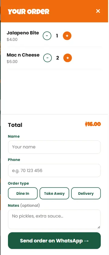 Mobile order drawer listing two items with quantity controls, a running total, fields for name and phone, an order-type choice, and a send-order-on-WhatsApp button