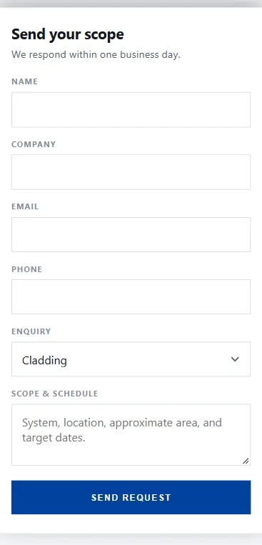 Mobile quote-request form titled Send your scope, promising a reply within one business day, with fields for name, company, email and phone, an enquiry dropdown set to Cladding, a scope and schedule box, and a blue Send Request button.