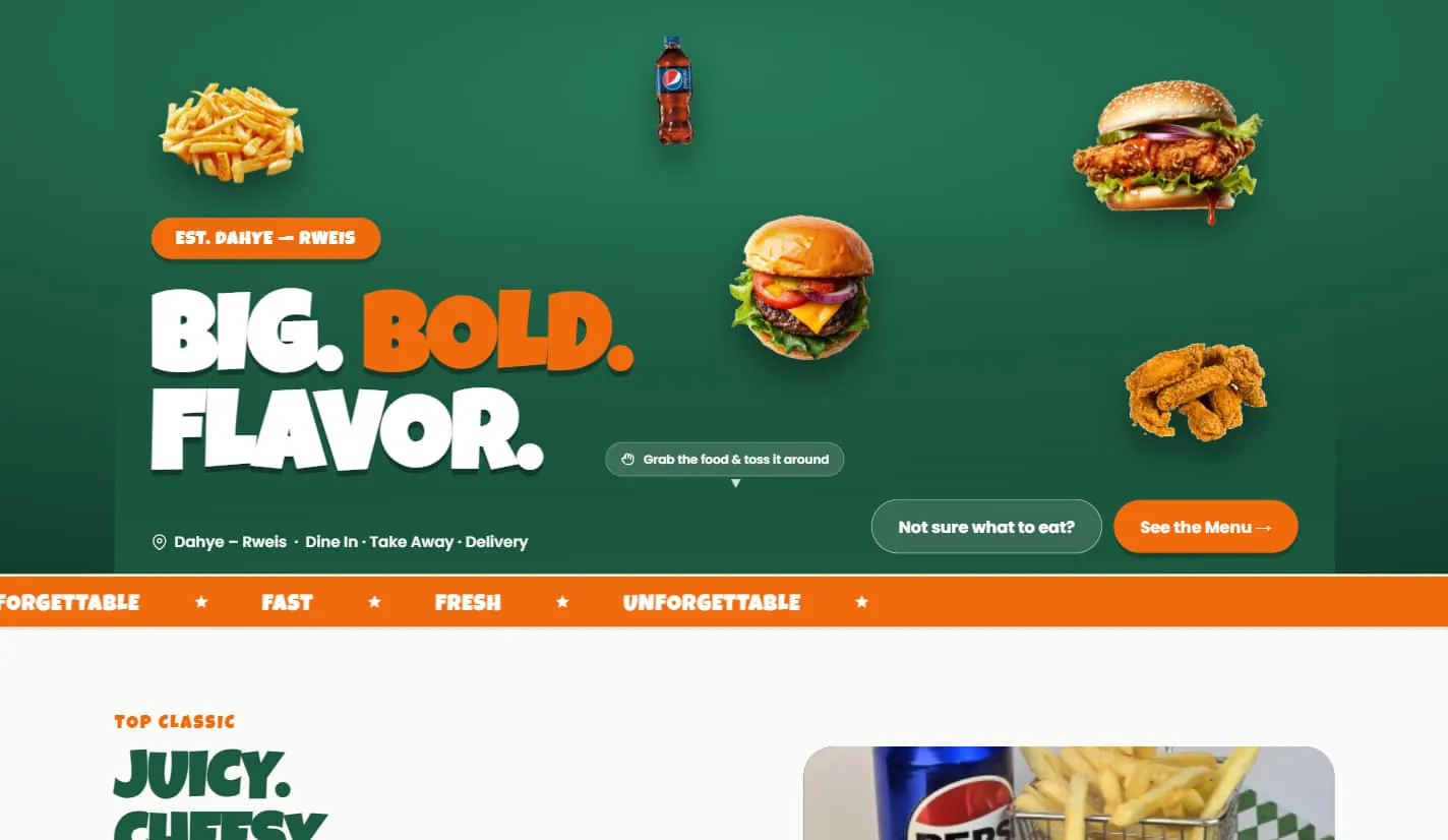 Burger shop homepage: “Big. Bold. Flavor.” in heavy white and orange type on deep green, with cut-out photos of fries, burgers and fried chicken floating around it, a See the Menu button, and an orange Fast · Fresh · Unforgettable ticker across the bottom.