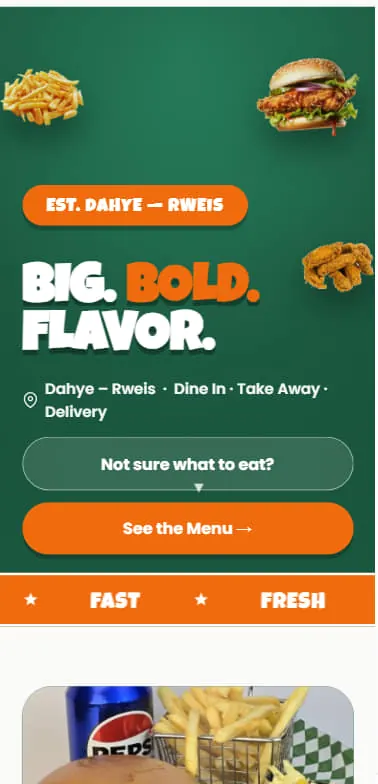 The same burger shop homepage on a phone, headline stacked to two lines and the Not sure what to eat and See the Menu buttons widened to fill the screen.