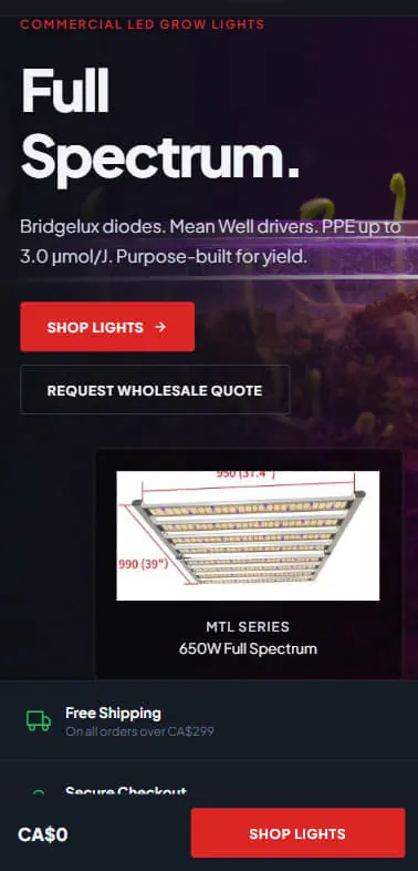 The grow light store on a phone, with the product card moved below the buttons and a sticky bar at the bottom showing a running CA$0 total beside a Shop Lights button.