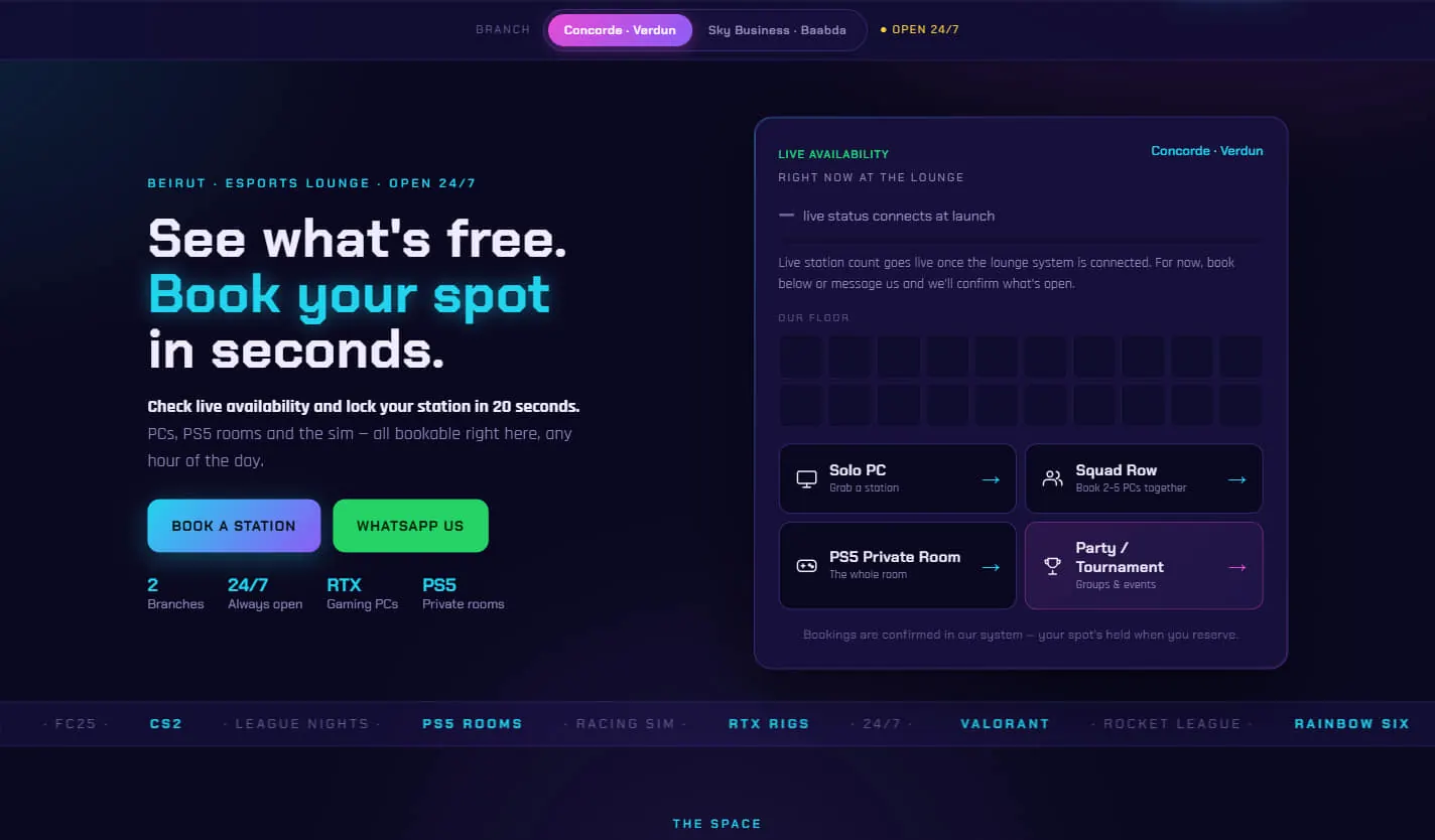 Esports lounge booking page in neon blue and purple on near-black: “See what’s free. Book your spot in seconds.” beside a Live Availability panel showing a floor map of stations and four booking options — Solo PC, Squad Row, PS5 Private Room and Party / Tournament.