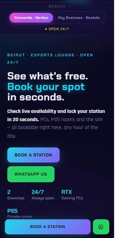The esports lounge page on a phone, branch switcher pinned at the top, stacked Book a Station and WhatsApp Us buttons, and a sticky booking bar with a WhatsApp button at the bottom.