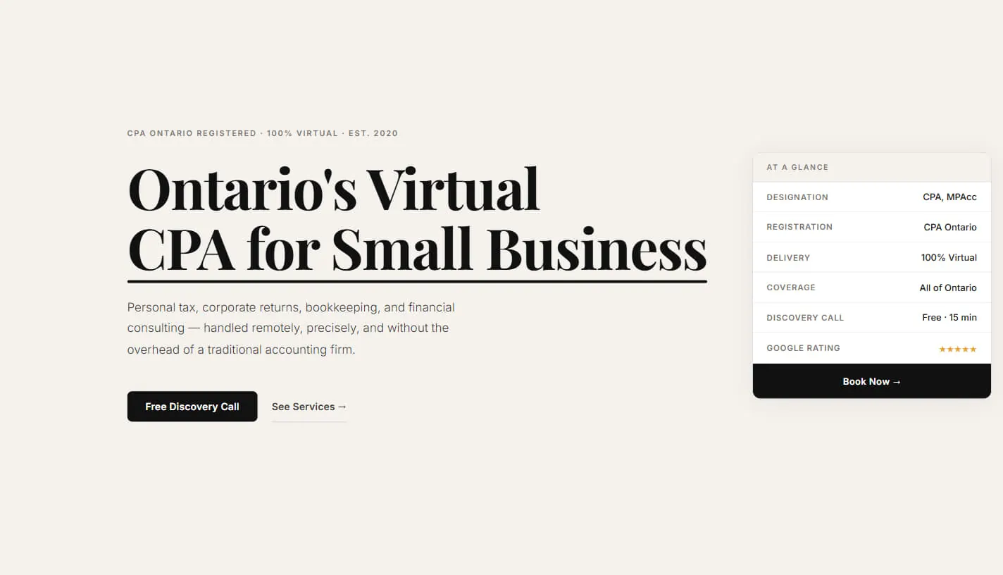 Accounting practice site on warm off-white: “Ontario’s Virtual CPA for Small Business” in large underlined serif type, beside an At a Glance panel listing designation, registration, coverage, a free 15-minute discovery call and a five-star Google rating above a Book Now button.