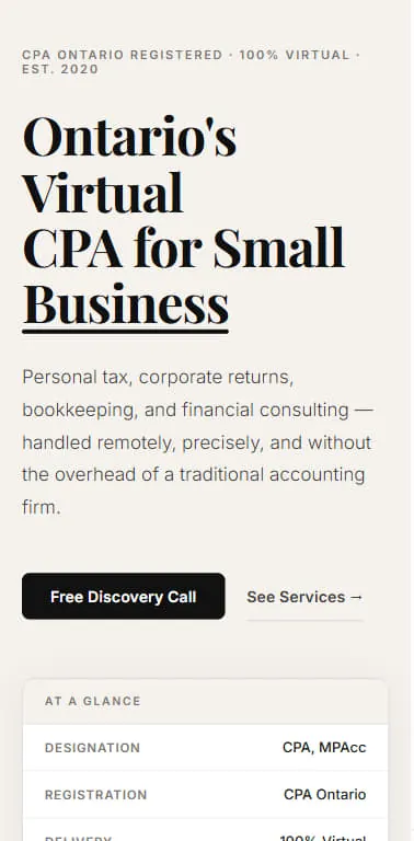 The CPA site on a phone, headline broken across four lines with the At a Glance credentials panel pushed below the Free Discovery Call button.