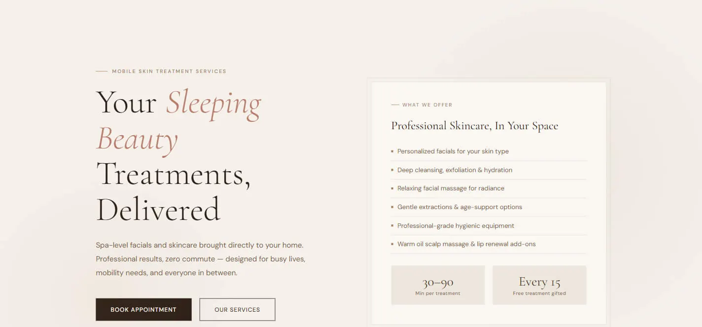 At-home skincare service site in soft cream and rose: “Your Sleeping Beauty Treatments, Delivered” in serif type with an italic accent, beside a What We Offer panel listing six treatments and two tiles reading 30–90 minutes per treatment and a free treatment every 15.