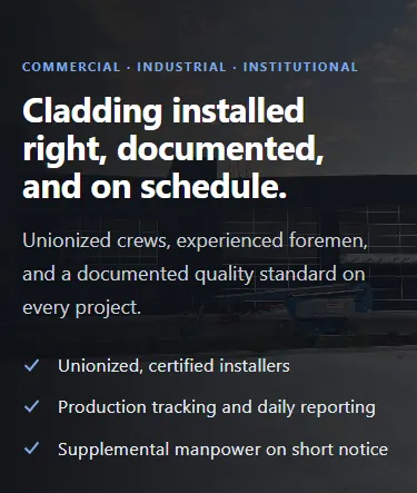 The contractor site's hero on a phone: the headline stacked over four lines, a line about unionized crews and a documented quality standard, and a three-item checklist of installer credentials, over a dark photo of a building under construction.