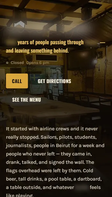 The same bar hero on a phone: the gold subheading and opening hours stacked above Call and Get Directions buttons, See the Menu beneath them, and the paragraph about who signed the wall. The name and location are blurred out.